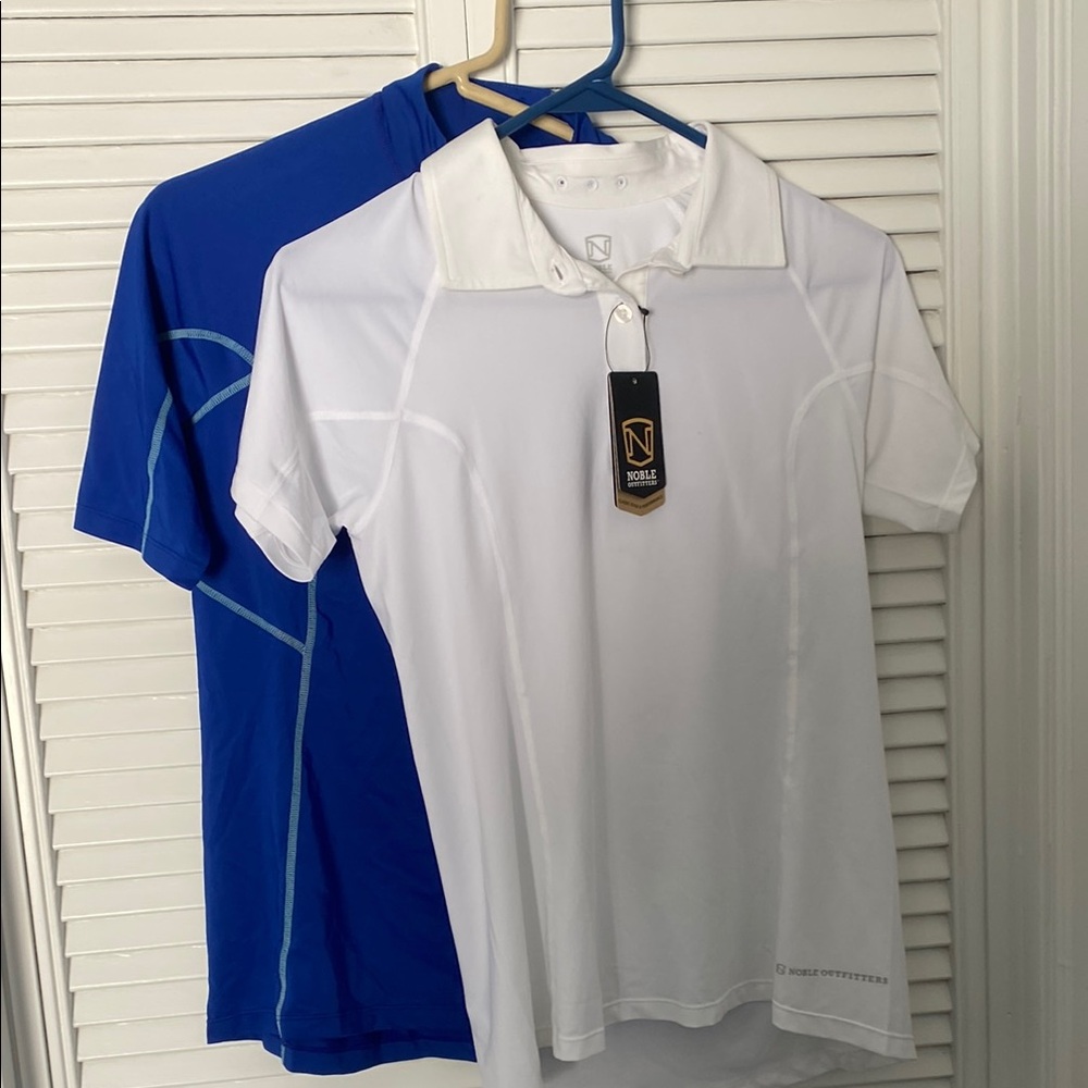 Ladies Noble Outfitters White and Blue Short Sleeve Shirts.